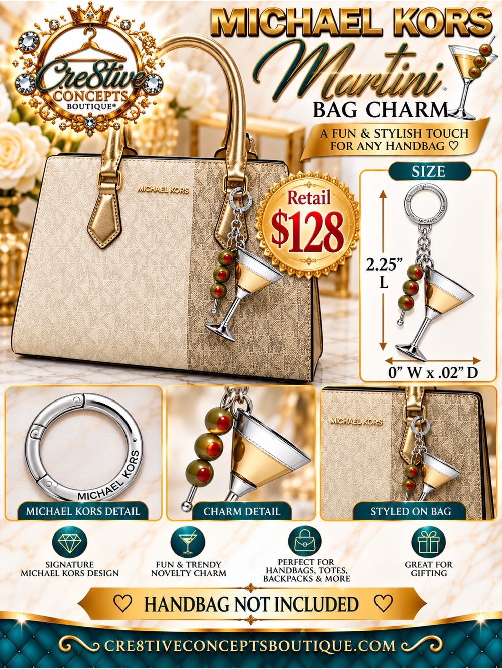 Michael Kors Martini Novelty Bag Charm Silver-Tone NWT Retail $128